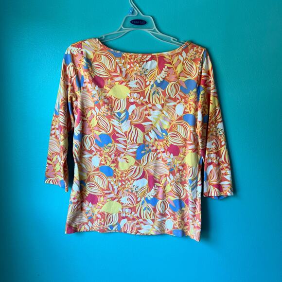 Talbots Women T Shirt Small Cotton Bateau Neck Tee Multi Color Flower 3/4 Sleeve - Picture 6 of 8